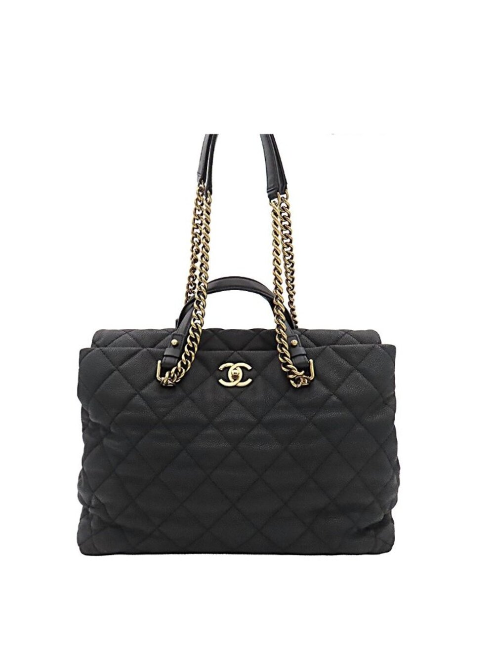 Chanel Chain Tote Quilted 2-Way Handbag Black Gold Grain Calf Leather